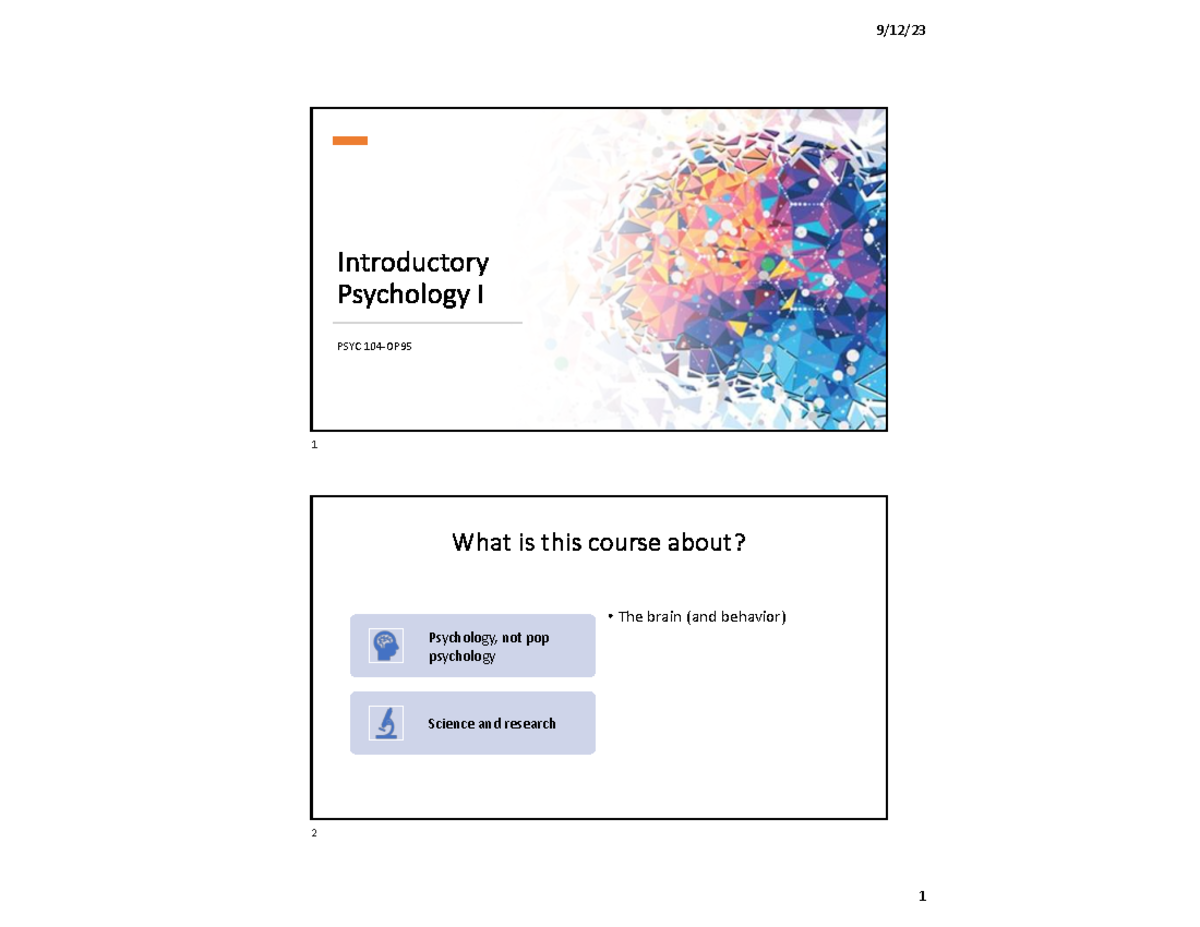 Introductory Psychology I PSYC 1: Lecture Notes & Overview - Studocu