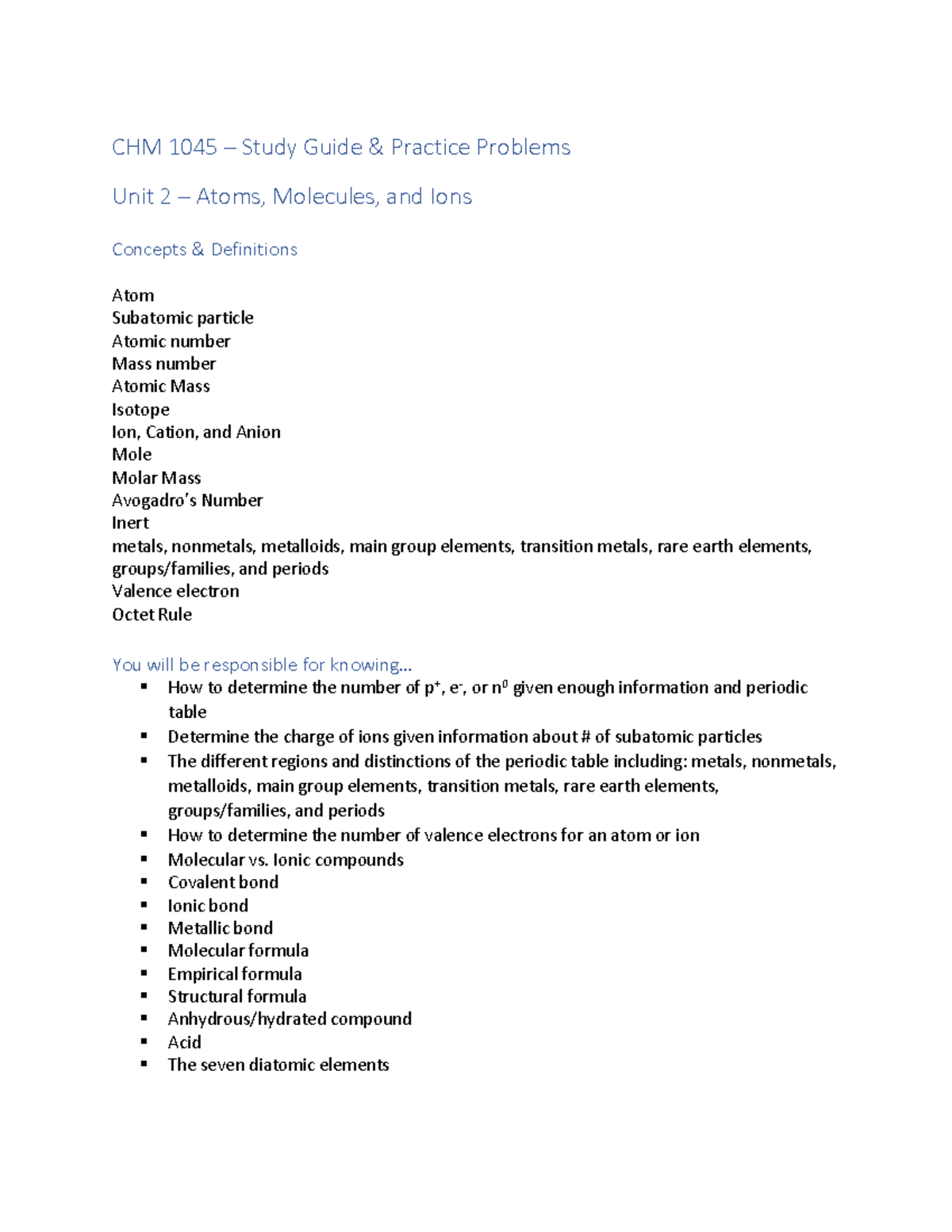 CHM 1045 Unit 2 Study Guide: Atoms, Molecules & Ions Practice Problems ...