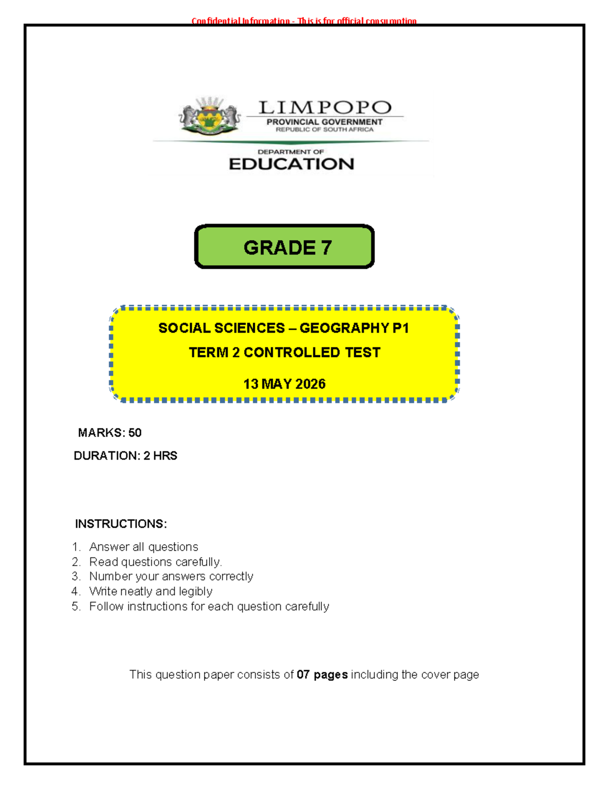 SS Grade 7 Geography P1 Term 2 Controlled Test 2026 - Studocu