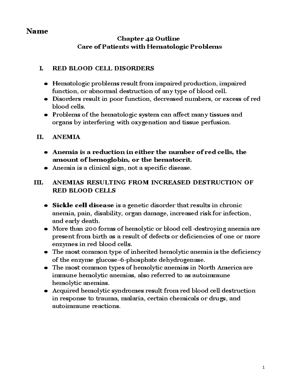 Ch 42 Med Surg 2 Outline - Hemolytic Anemias & Related Disorders - Studocu