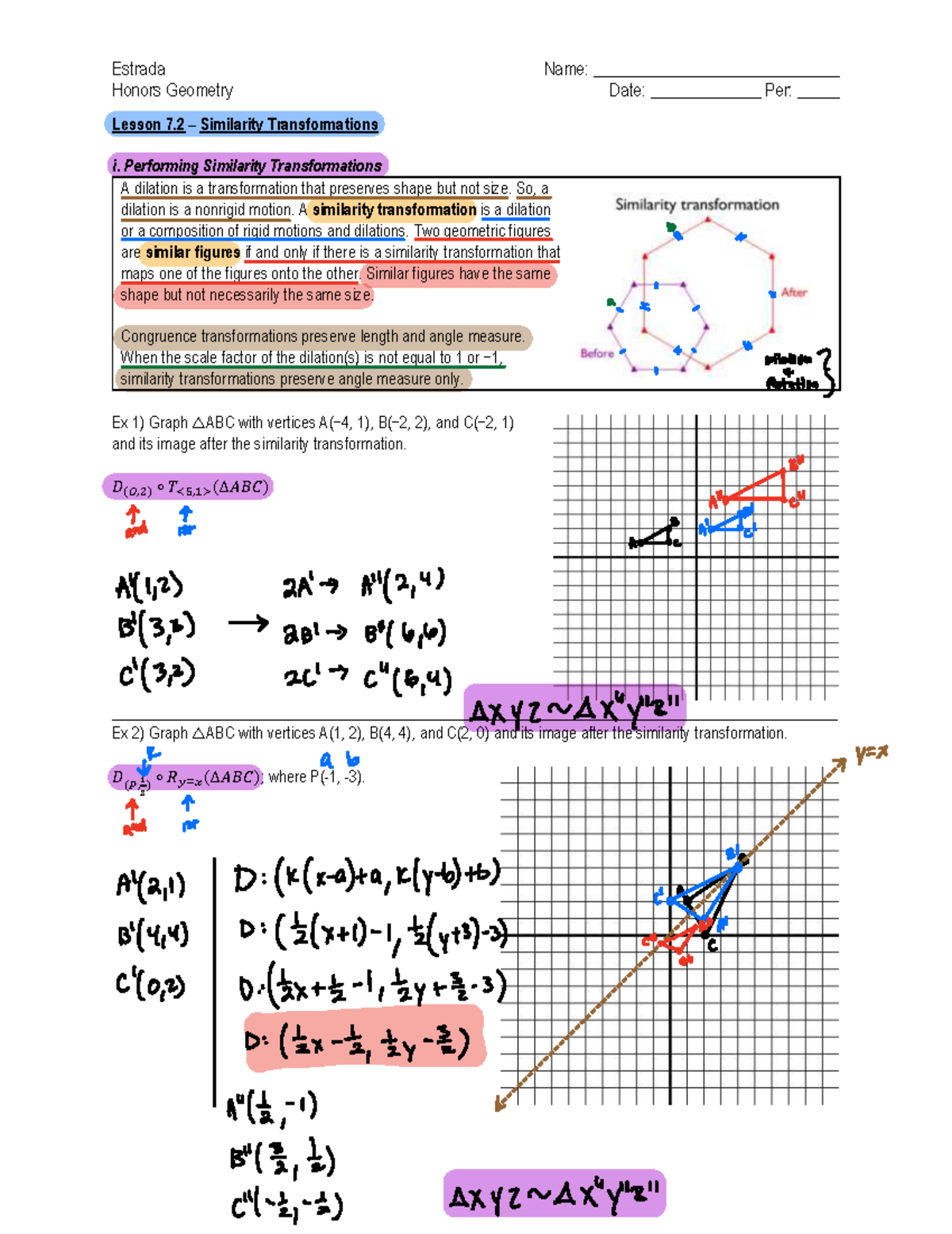 Honors Geometry (Estrada) - Lesson 7.2: Similarity Transformations ...