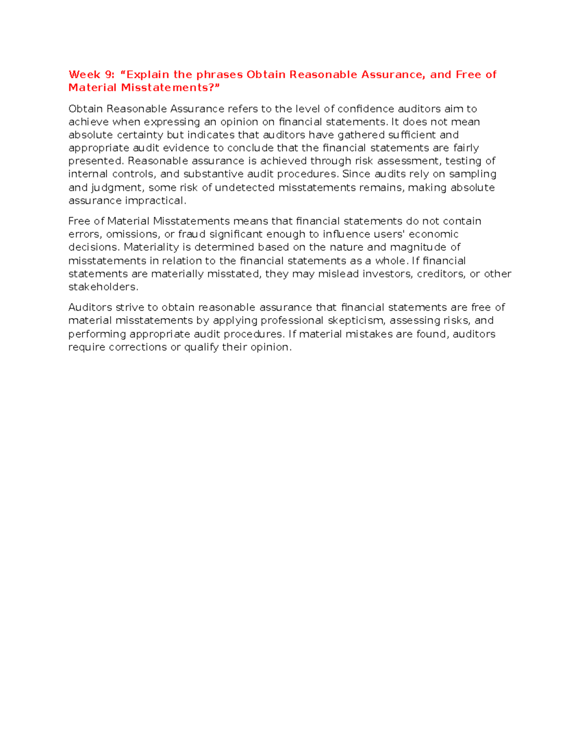 Week 9: Understanding Reasonable Assurance & Material Misstatements ...