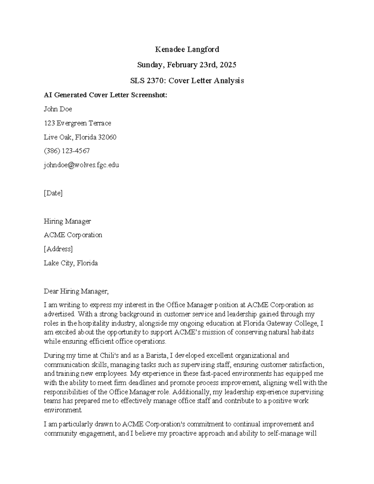Cover Letter Analysis Template - Kenadee Langford Sunday, February 23rd ...