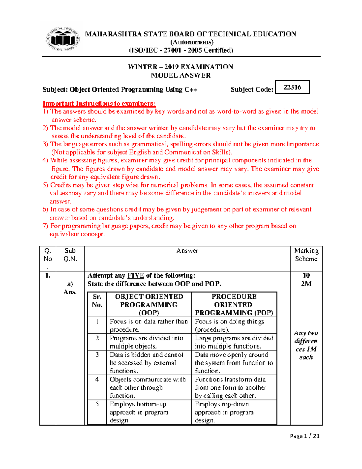 Model Answer Paper for Object Oriented Programming (22316) - Winter ...