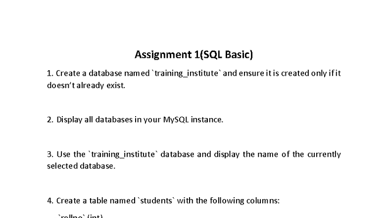 Assignment 1 (SQL Basic) - Database and Table Operations - Studocu