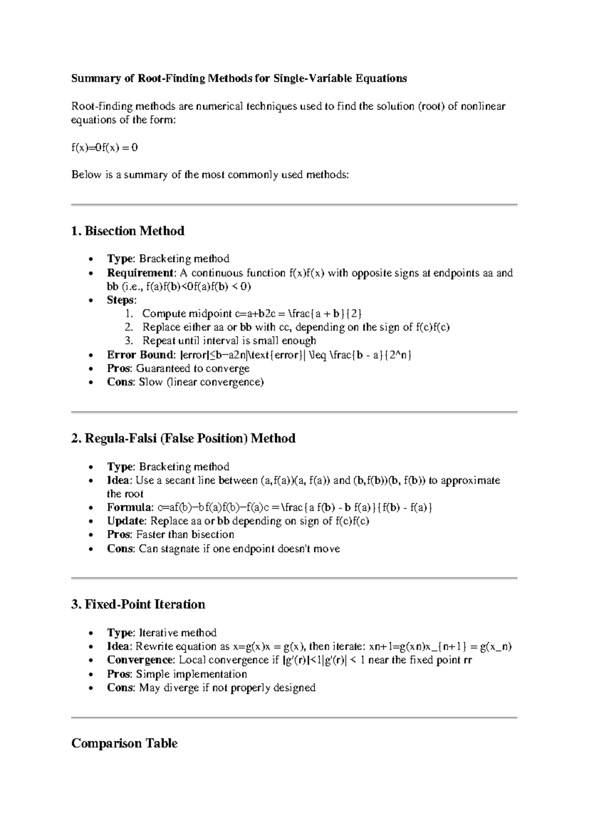 Root finding methods summary for numerical techniques in equations ...