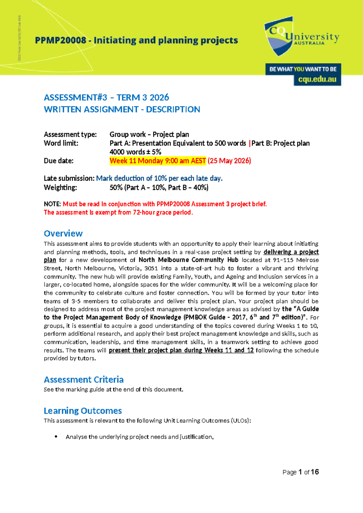 PPMP2000 T1 2026 Project Plan Assignment Overview and Guidelines - Studocu