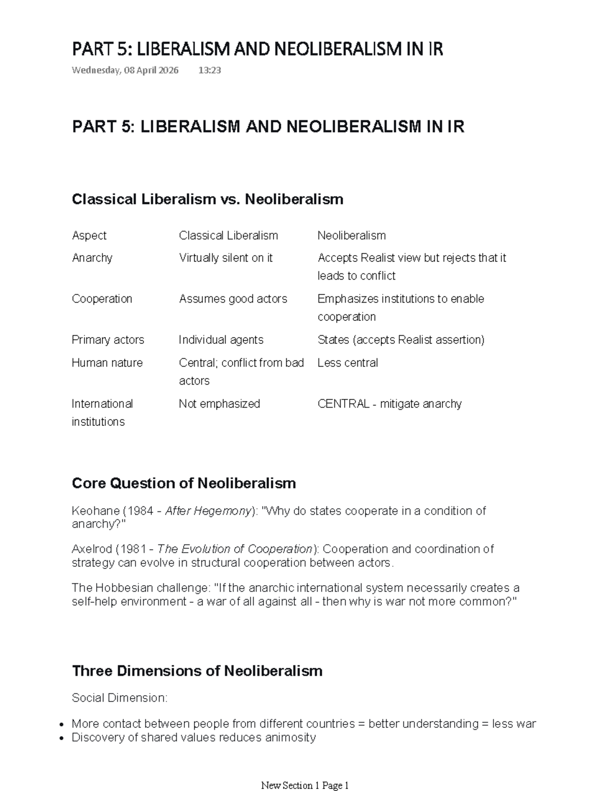 PART 5: Liberalism vs. Neoliberalism in International Relations - Studocu