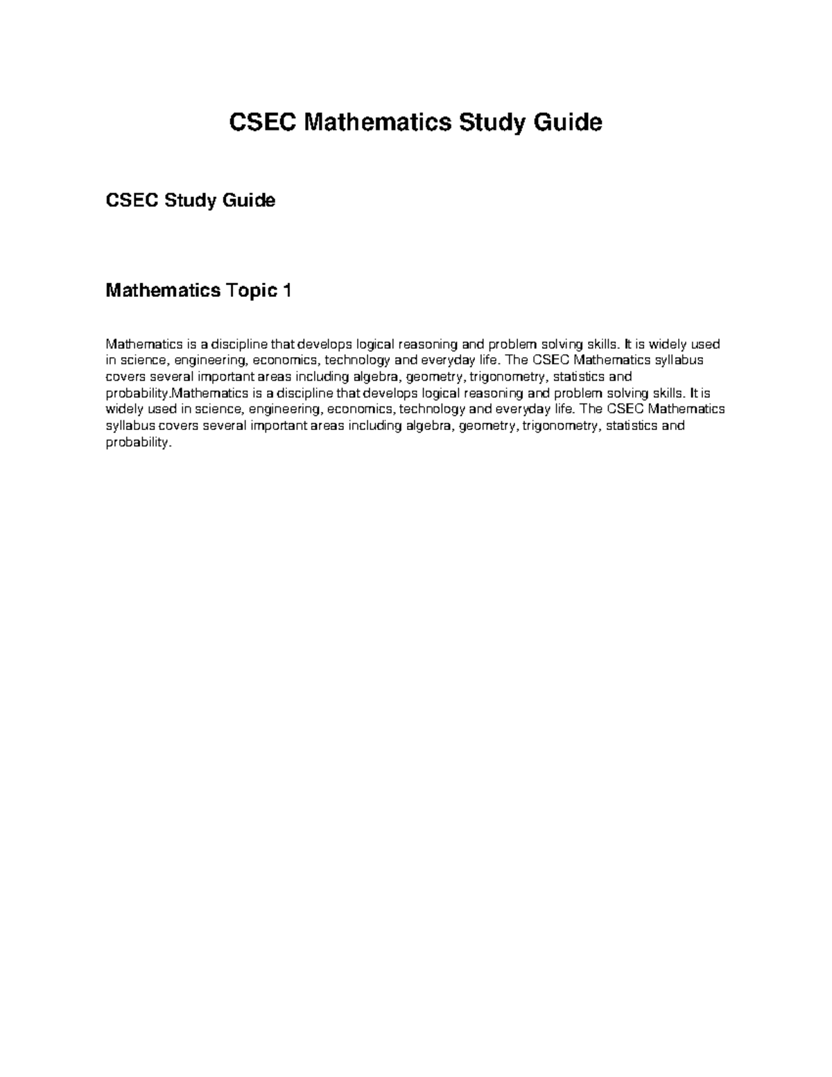 CSEC Mathematics Study Guide: Key Topics Overview - Studocu
