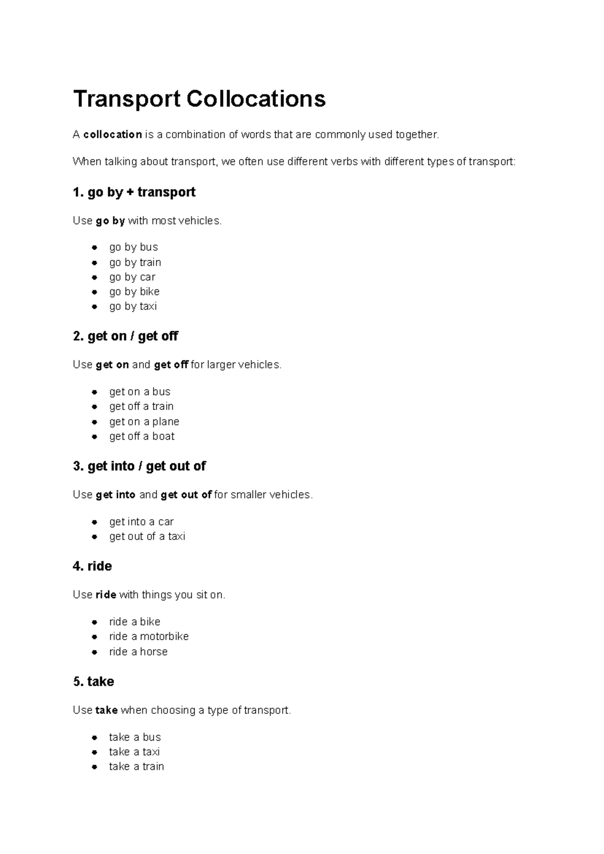 A2 Transport Collocations: Common Verb Combinations - Studocu