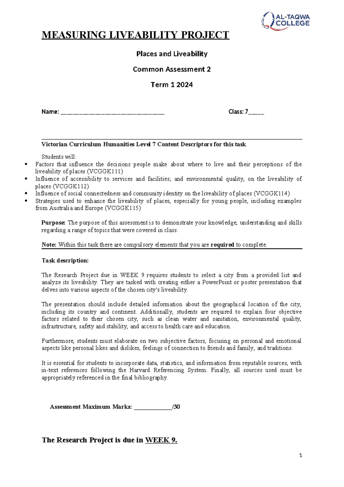 Measuring Liveability Project CA2: Assessment of Urban Liveability ...