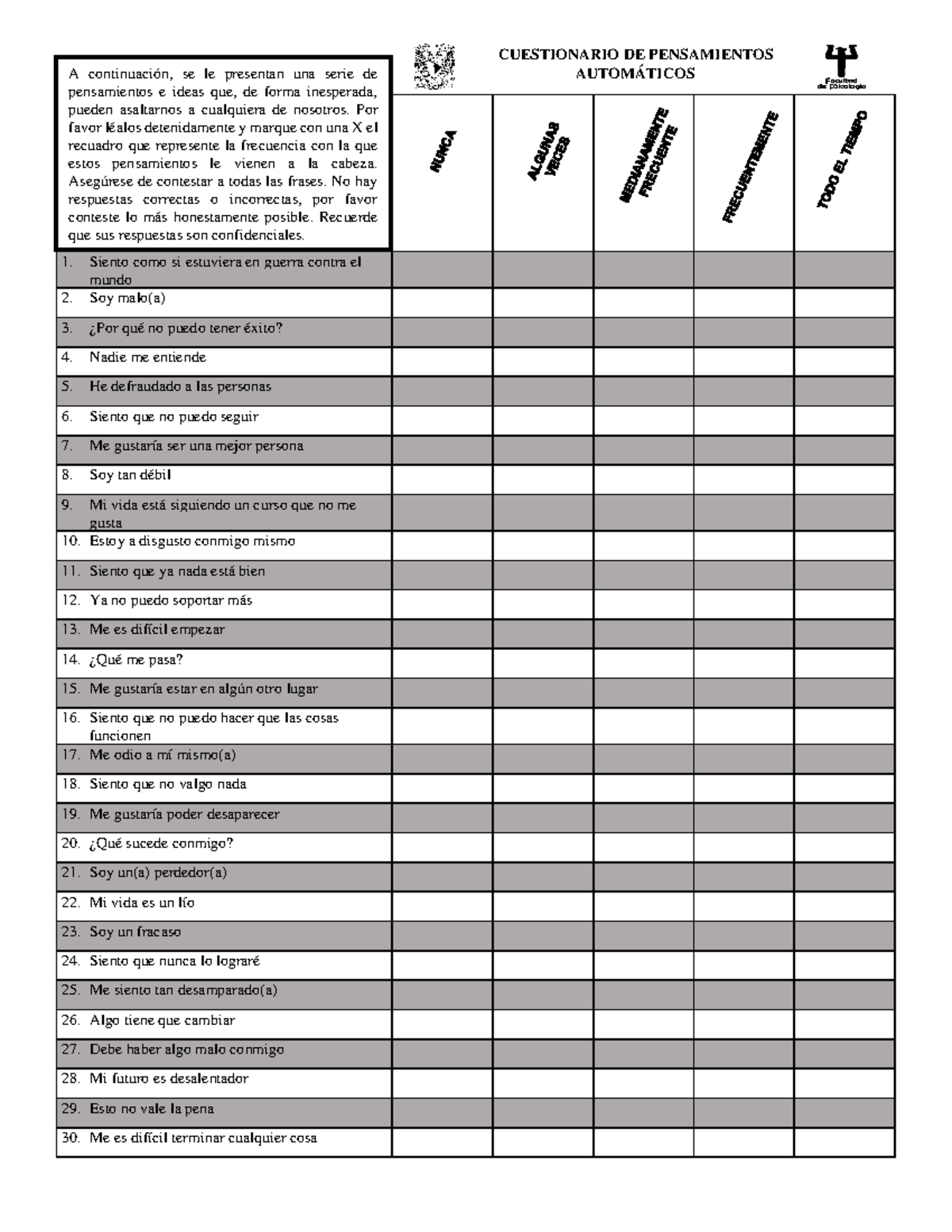 ATQ-30 - Cuestionario de Pensamientos Automáticos - Studocu