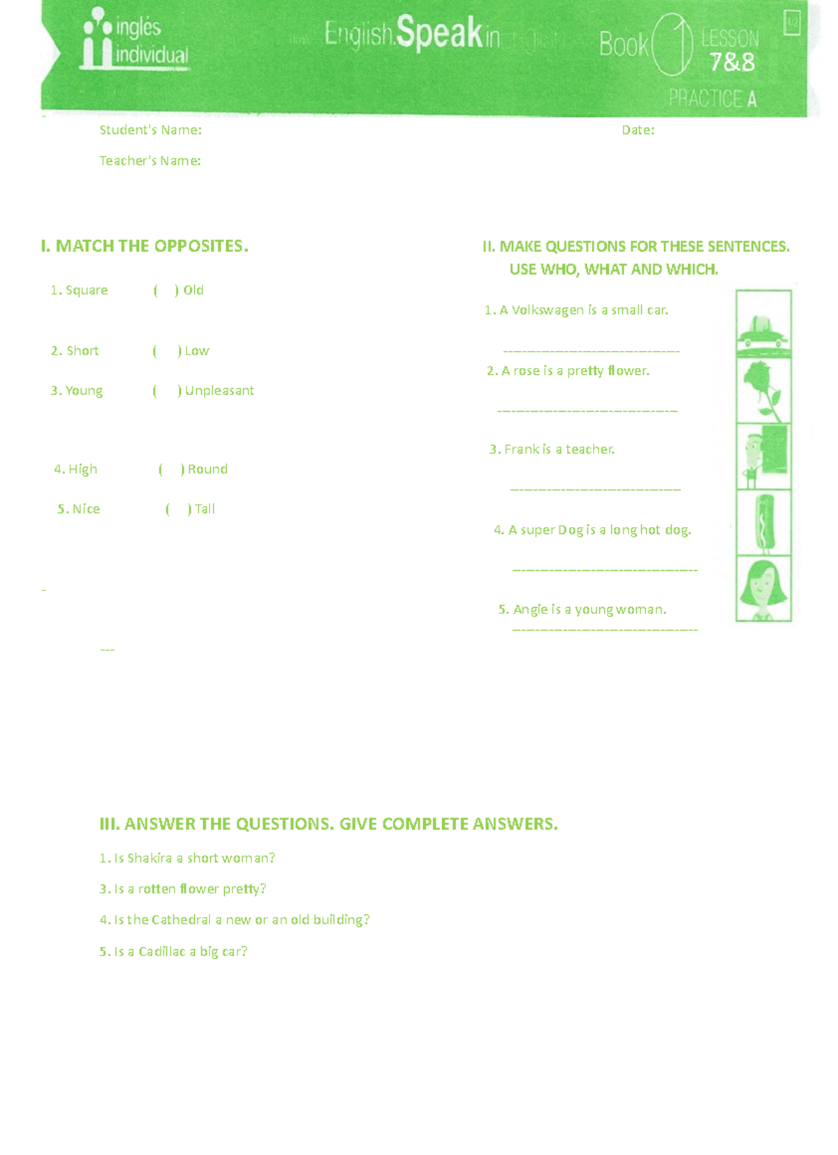 Book 1 Practica 7-8 - Exercises on Opposites and Questions - Document Preview