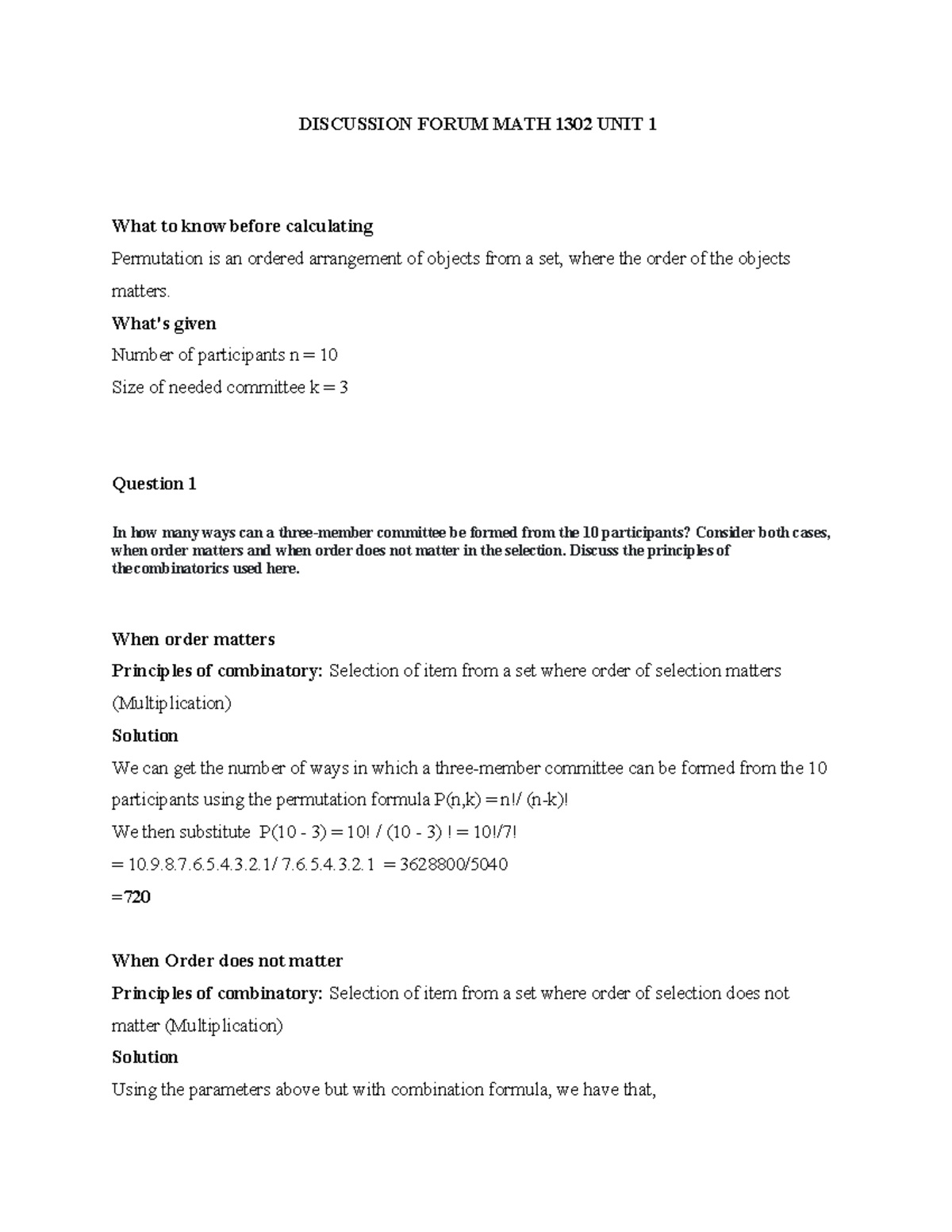 DF MATH 1302 UNIT 1 - Discussion on Permutations and Combinations - Studocu