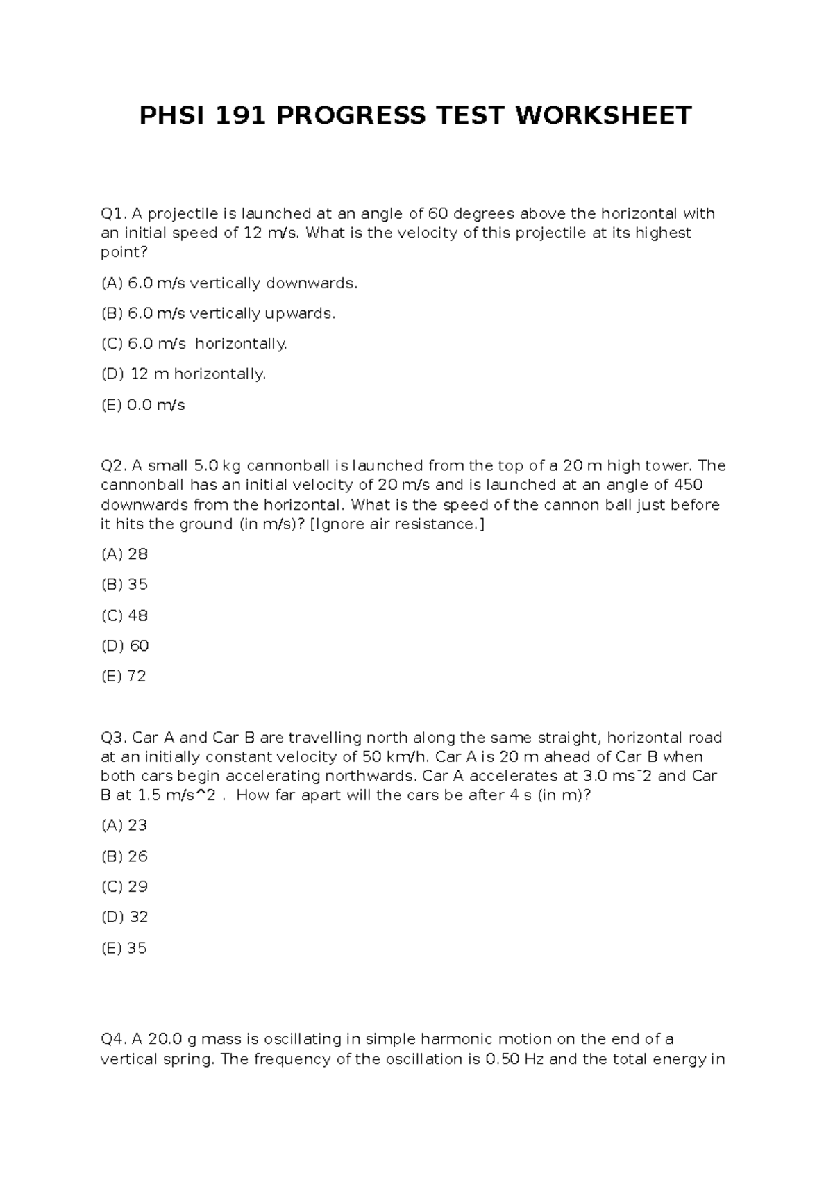 PHSI 191 PROGRESS TEST WORKSHEET: Physics Concepts & Problems - Studocu