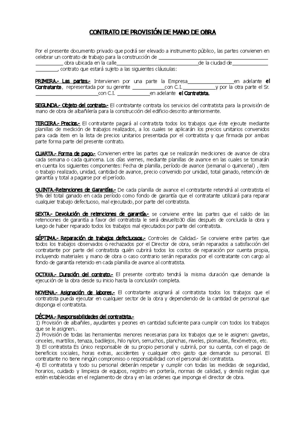 Modelo de Contrato de Provisión de Mano de Obra para Construcción - Document Preview