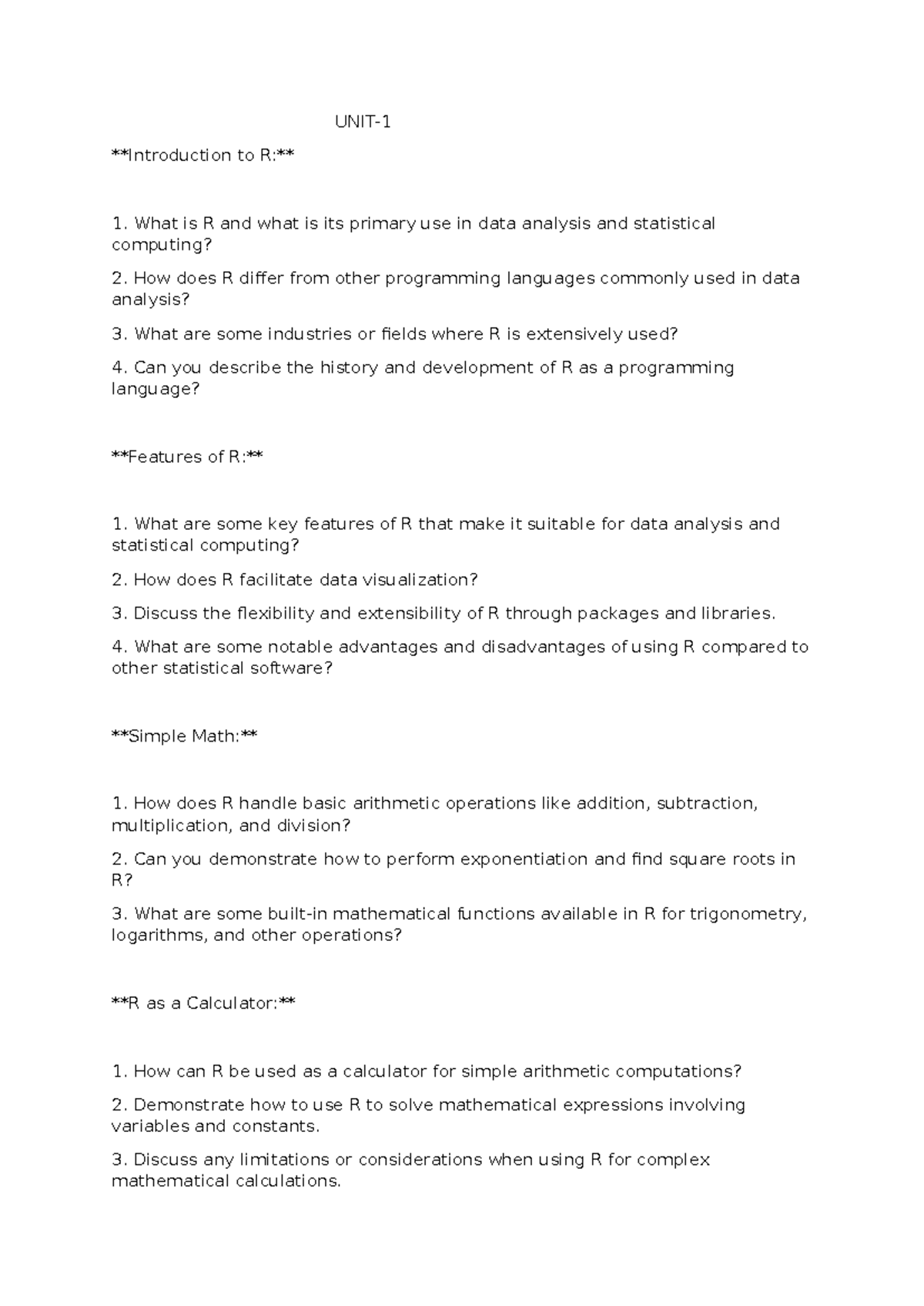Final Exam Imp. Questions for R Programming (Course Code: R101) - Studocu