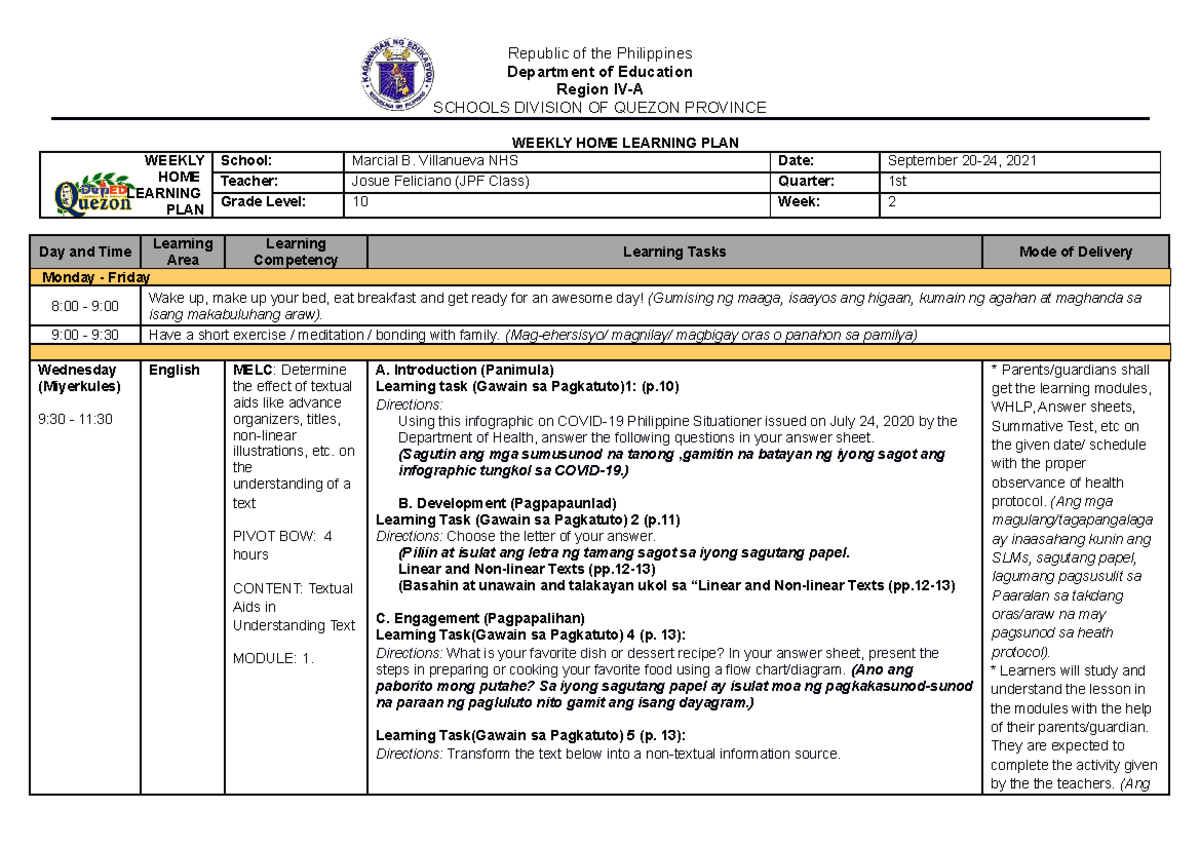 WHLP Q1 W2 English 10 - Weekly Home Learning Plan and Activities - Studocu
