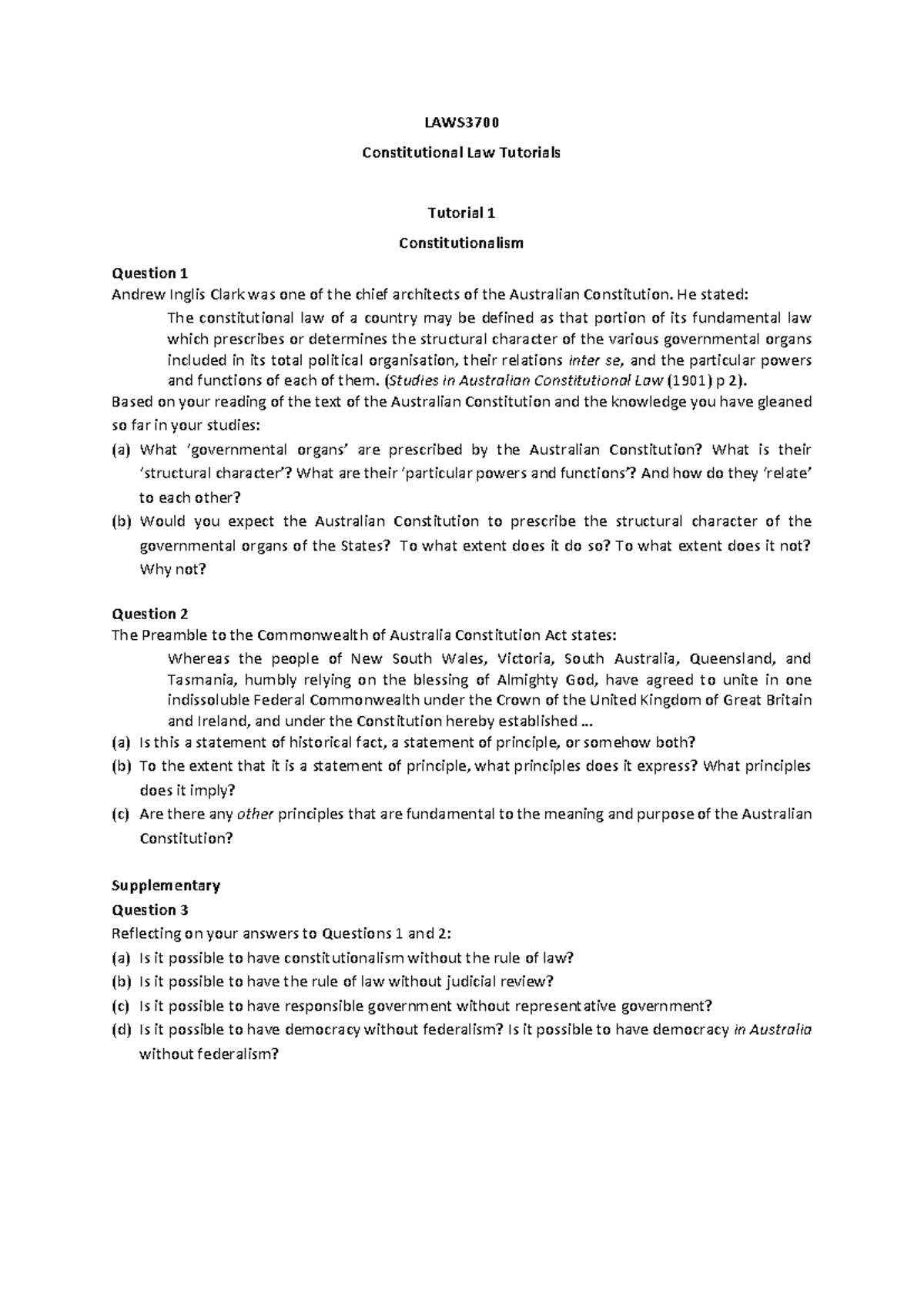LAWS3700 Constitutional Law Tutorials 2025: Key Concepts and Questions ...