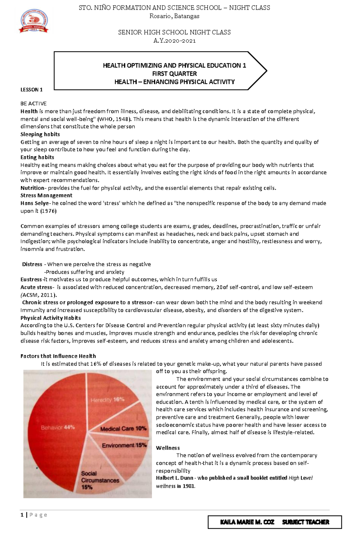 Health Optimizing and Physical Education 1 (HOPE-1) Lesson Notes - Studocu