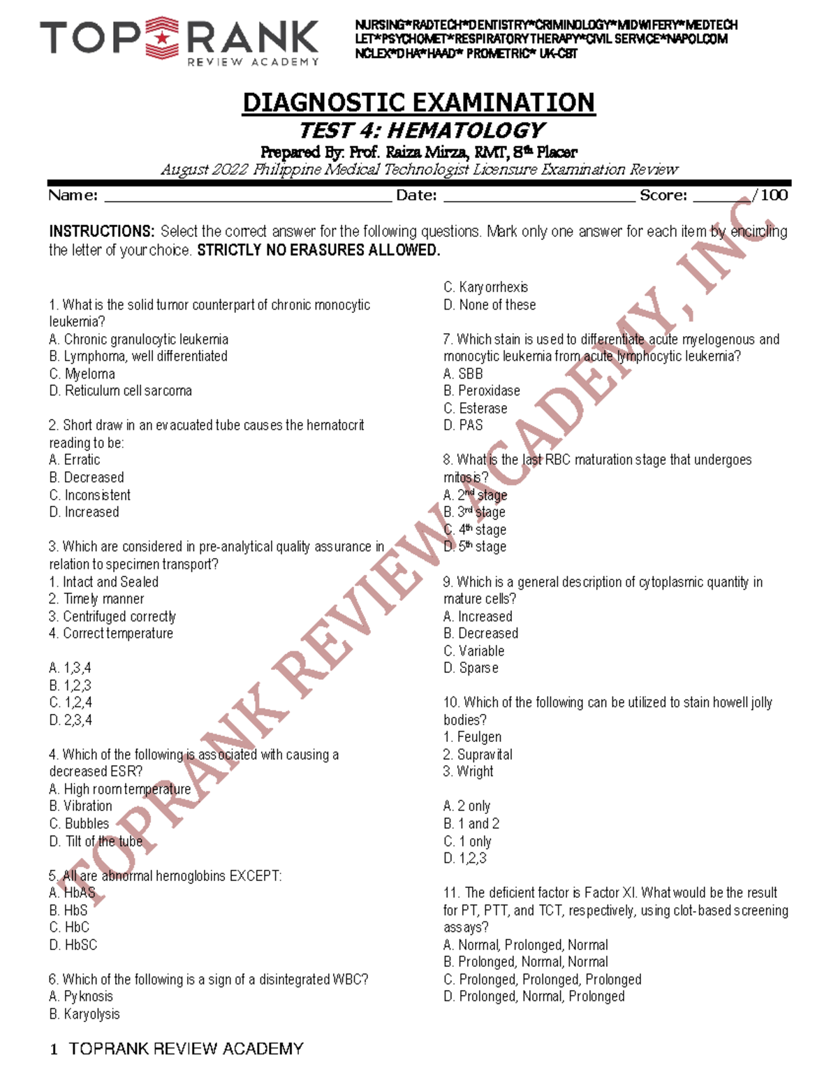 ST DIAG EXAM TEST 4 - MT lecture notes - 1 TOPRANK REVIEW ACADEMY ...