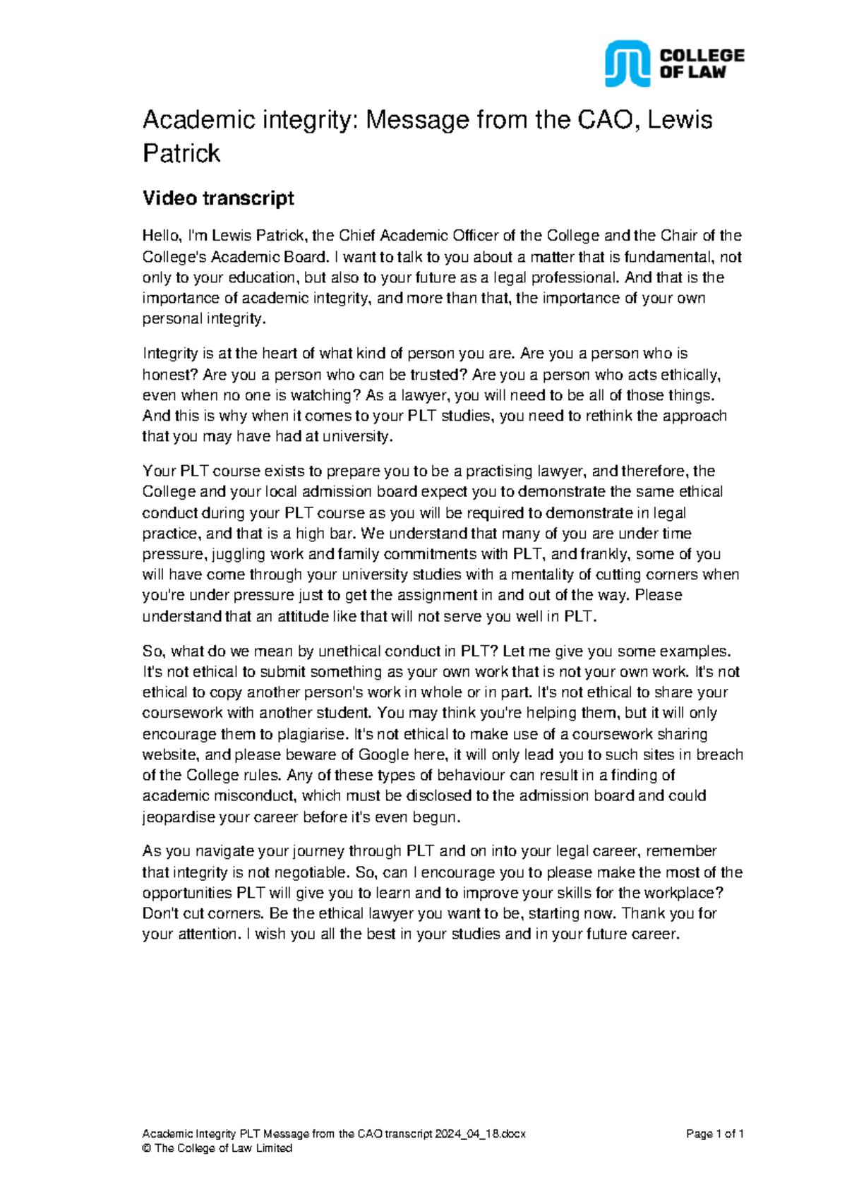 Academic Integrity in PLT: CAO Message Transcript 2024 - Studocu