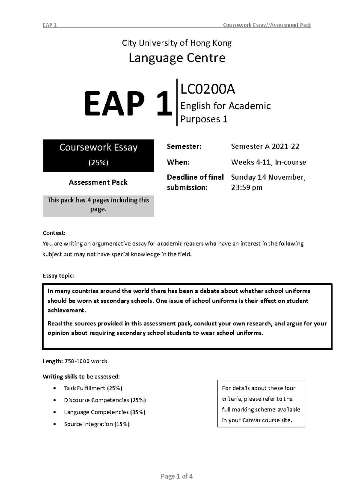 EAP 1 - Coursework Essay - Assessment Pack 5 - V1-1 - City University ...