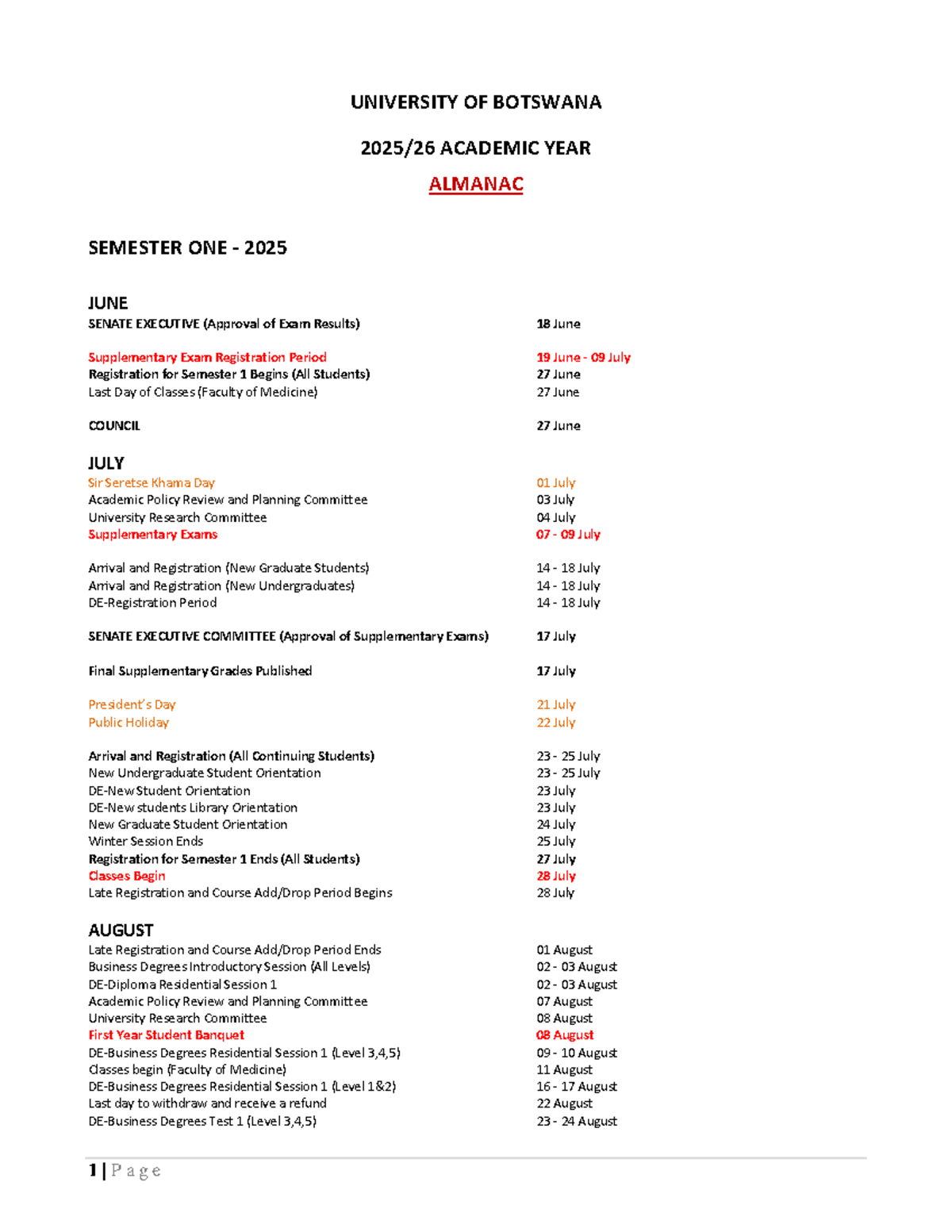 University of Botswana 2025-2026 Academic Year Almanac Overview - Studocu
