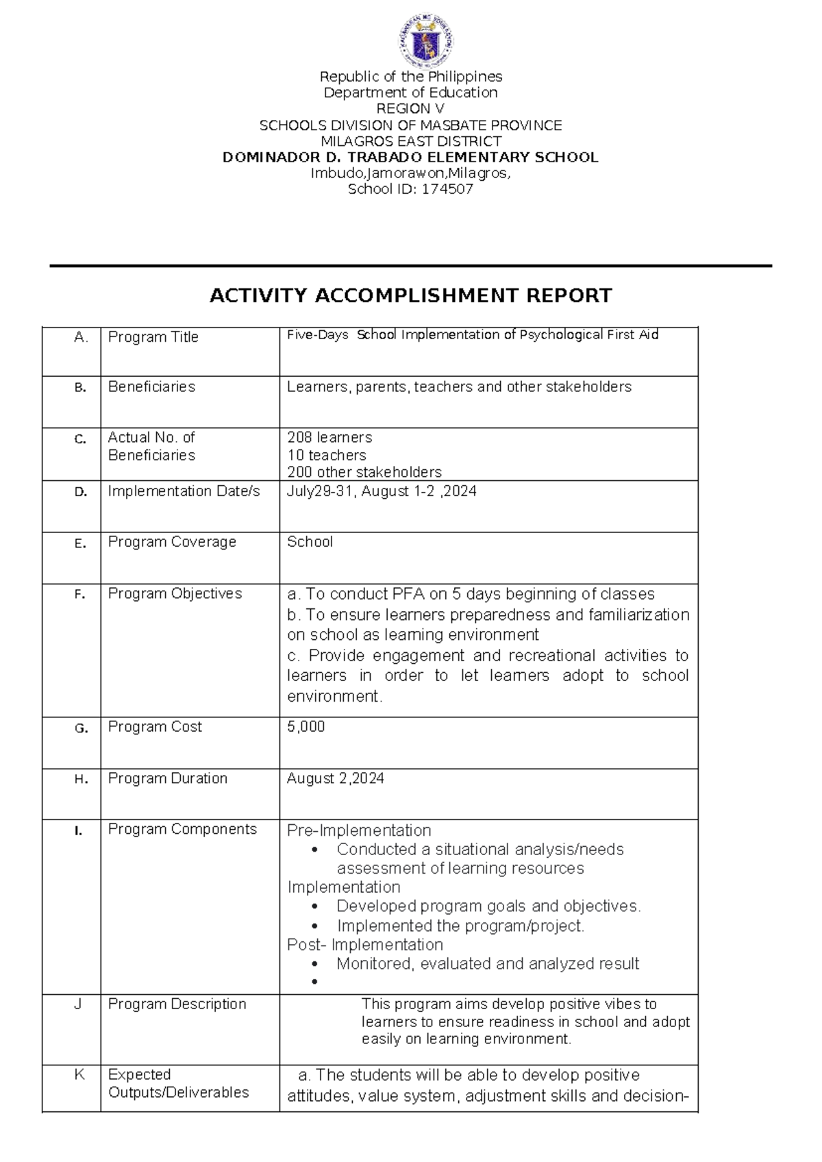 Activity Accomplishment Report: Psychological First Aid Implementation ...