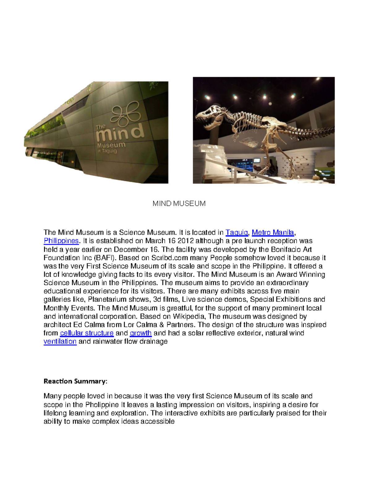 MIND Museum Overview: Educational Experience in Sci Ed (Taguig) - Studocu