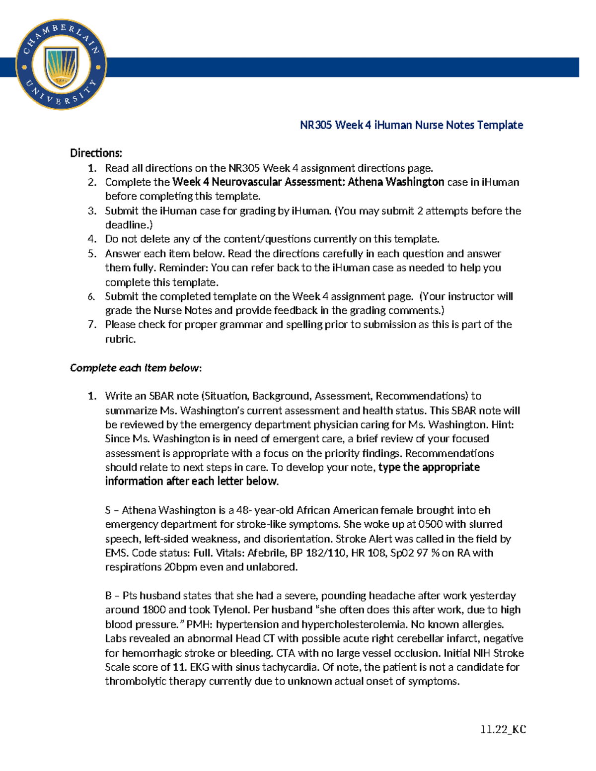 NR305 Week 4 Nurse Notes: iHuman Assessment of Athena Washington - Studocu