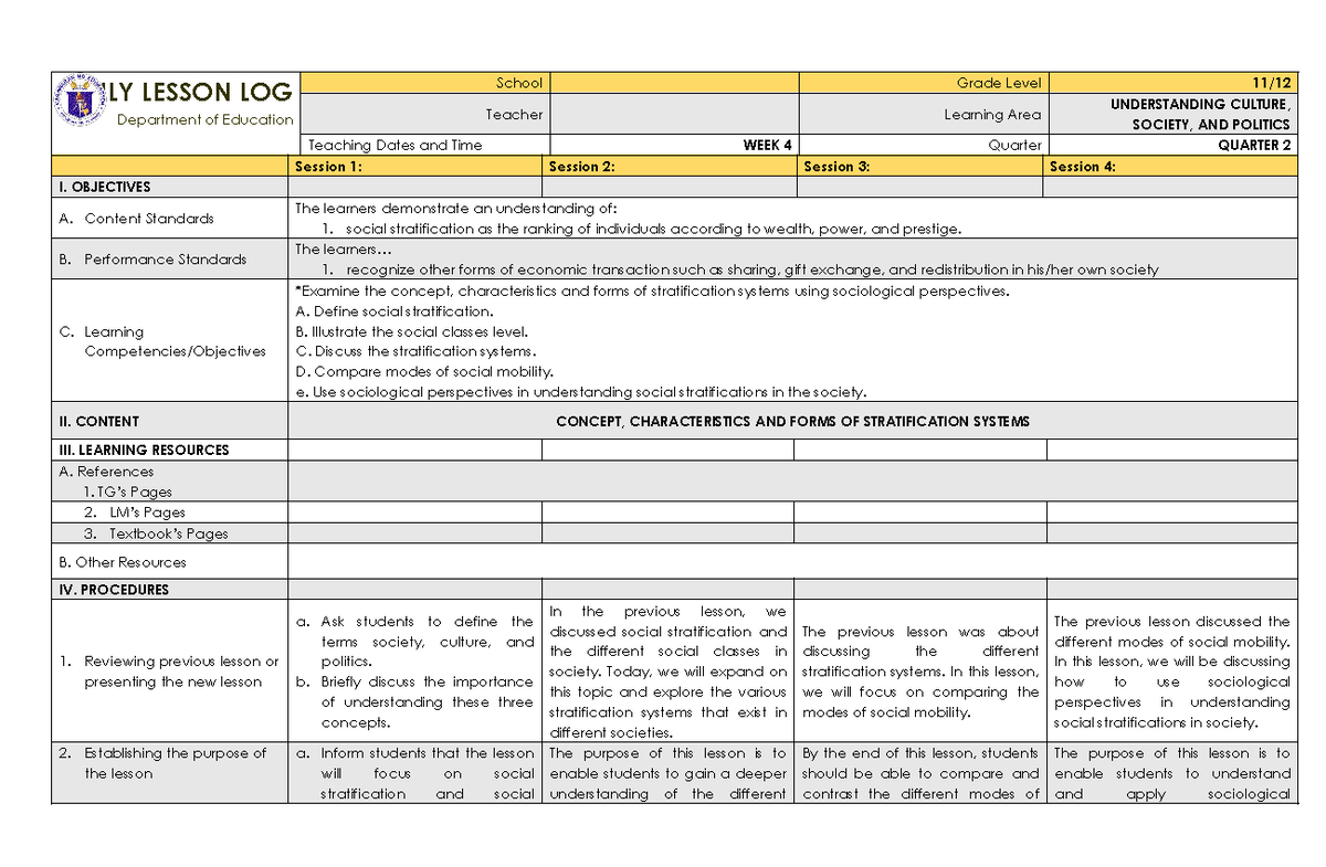 UCSP Q2 W4 - Daily Lesson Log on Social Stratification - Studocu
