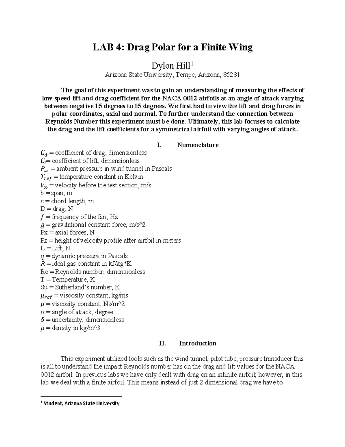 LAB 4 AEE361: Analysis of Lift and Drag Coefficients for NACA 0012 ...