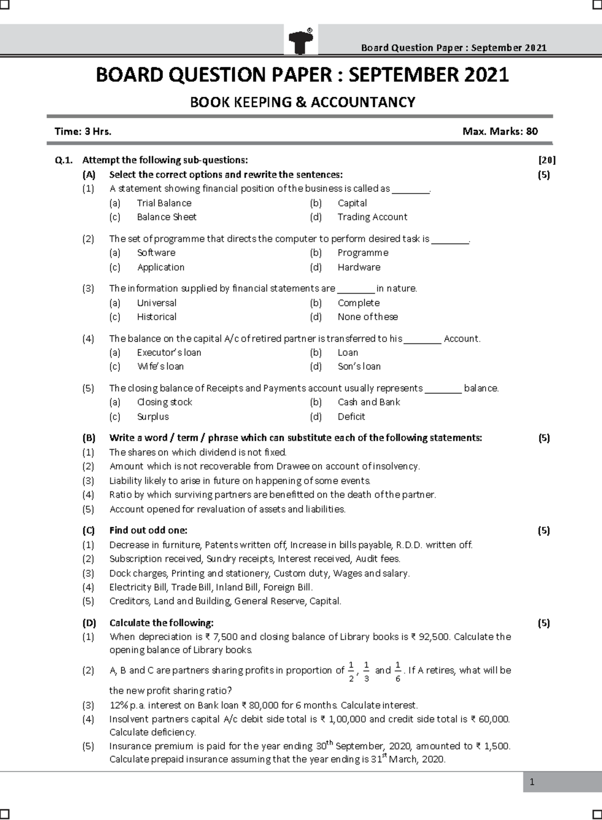 Board Question Paper: Book Keeping Accountancy - September 2021 - Studocu