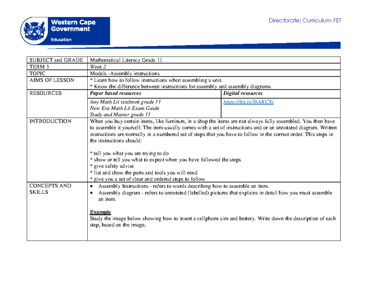 Mathematical Literacy Grade 11 Term 4 Week 2: Assembly Instructions ...