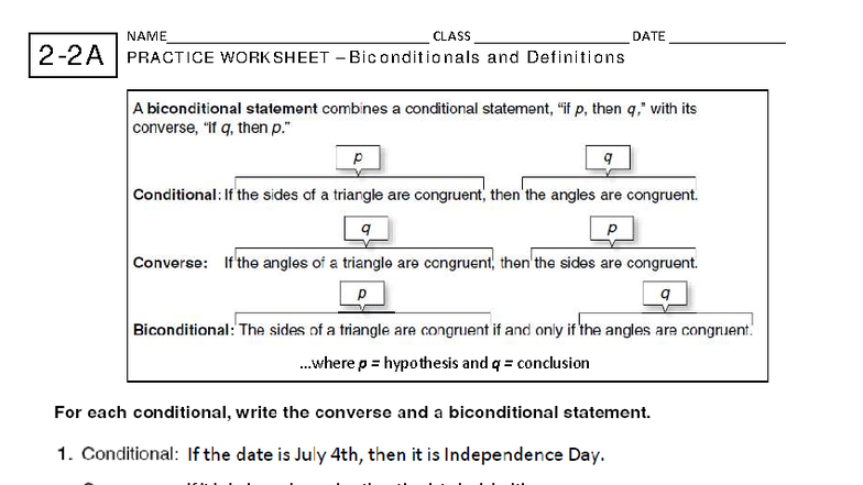 CLASS DATE PRACTICE WORKSHEET: Biconditionals & Definitions - Studocu