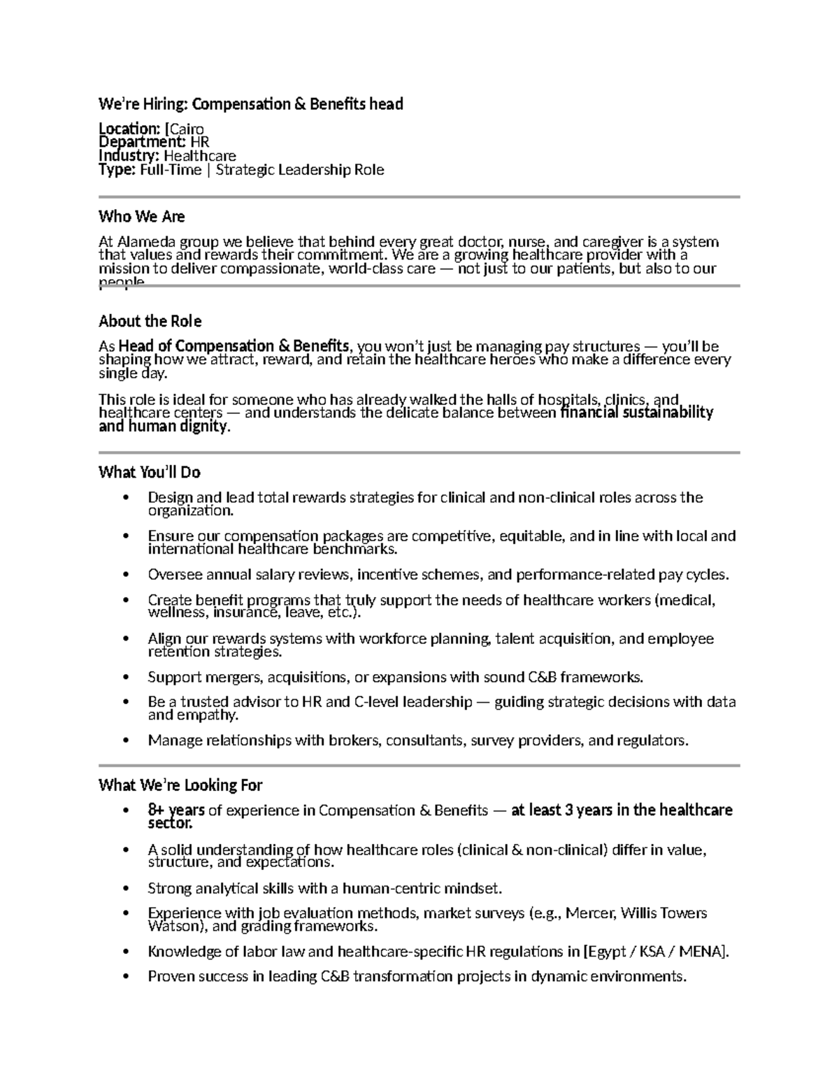 Hiring: Head of Compensation & Benefits in Healthcare - Job Post ...