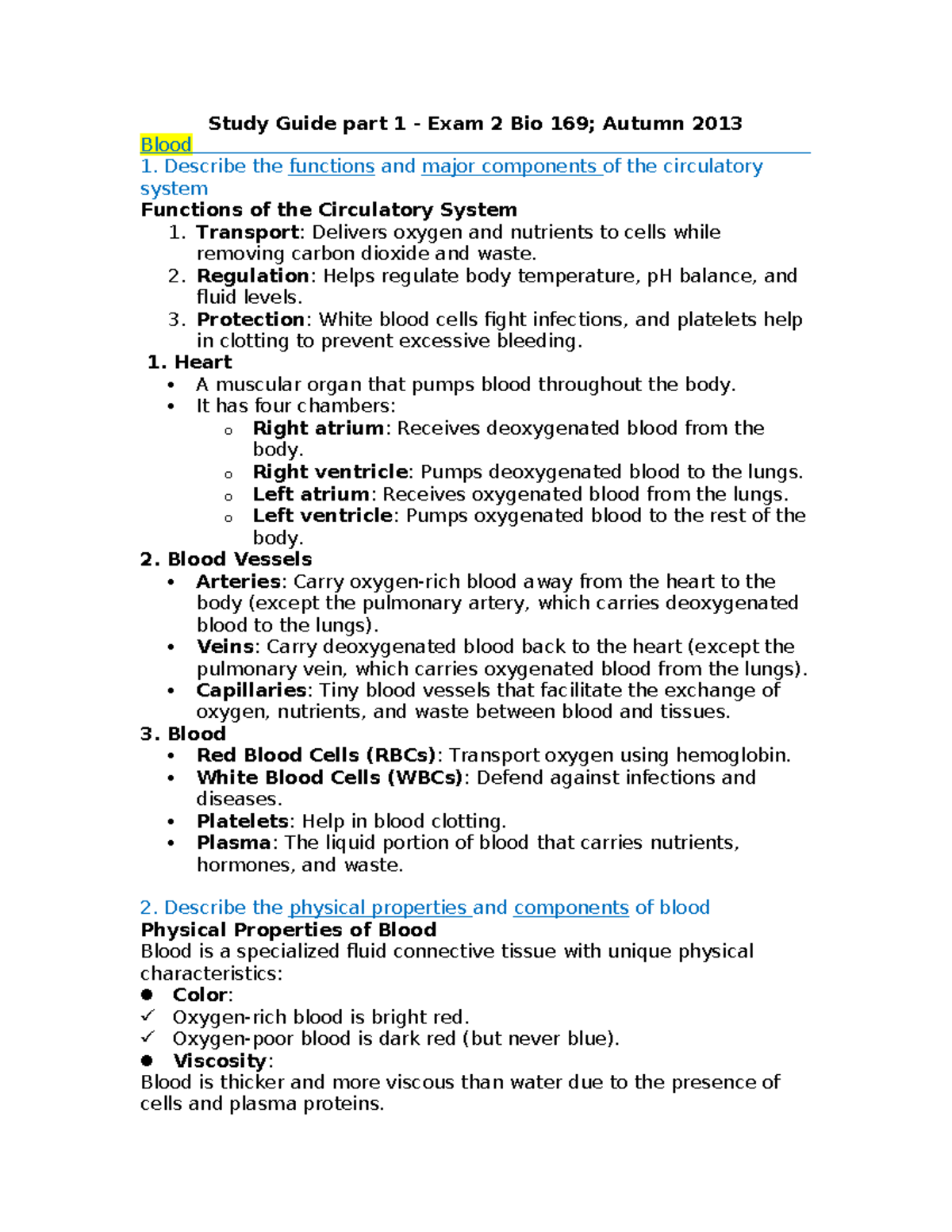 Blood Components & Functions: Bio 169 Study Guide for Final Exam - Studocu