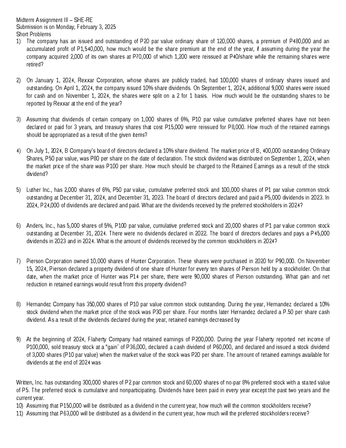 Midterm Assignment III - SHE-RE Financial Problem Solving Guide - Studocu