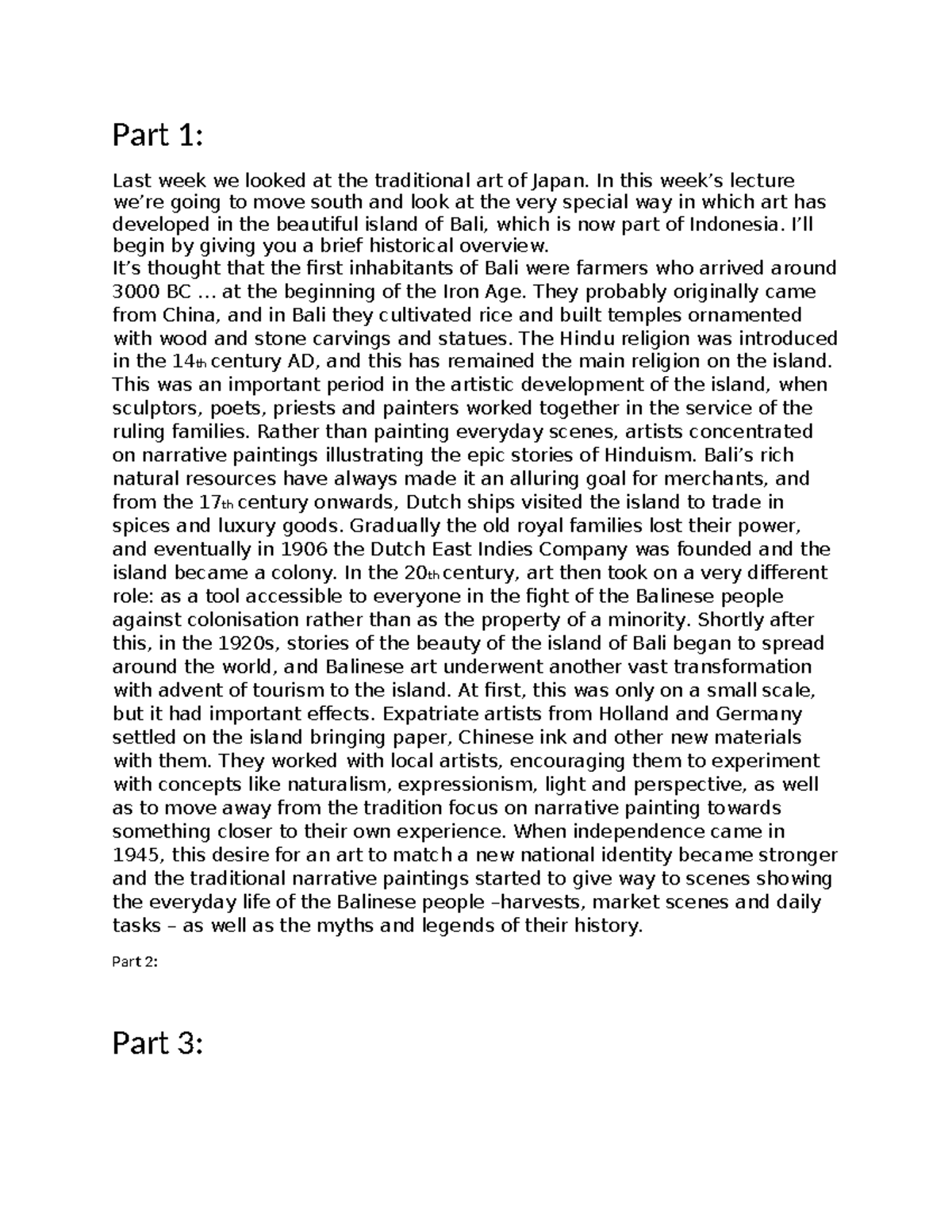 BALI Art & History: Lecture Notes (Part 1) - Course Code: ART101 - Studocu