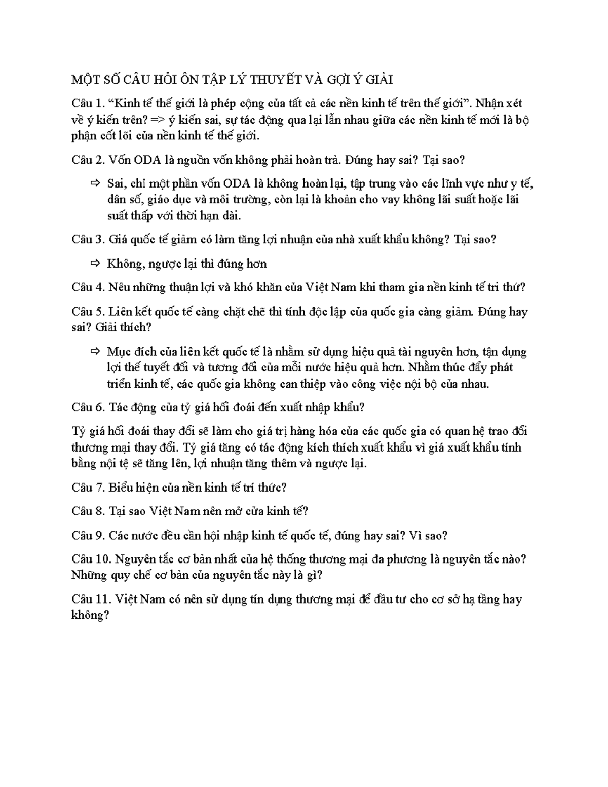 ÔN TẬP LÝ THUYẾT KINH TẾ TOÀN CẦU: CÂU HỎI VÀ GỢI Ý GIẢI - Document Preview