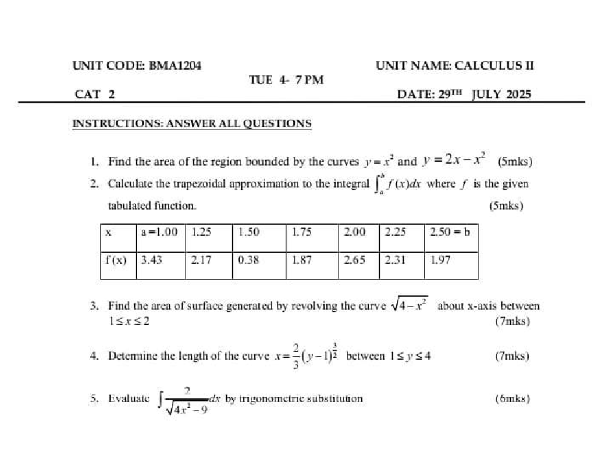 BMA1204 Calculus II Practice Exam Questions and Solutions - Studocu
