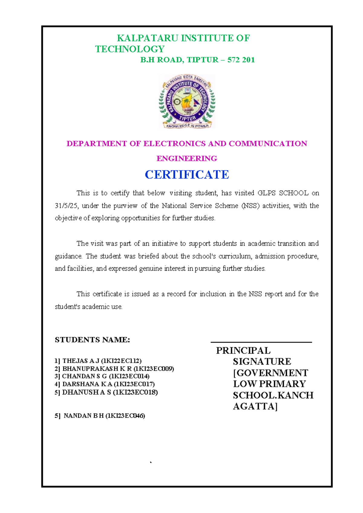 NSS Report: Student Visit to GLPS School - KALPATARU 1KI22EC112 - Studocu