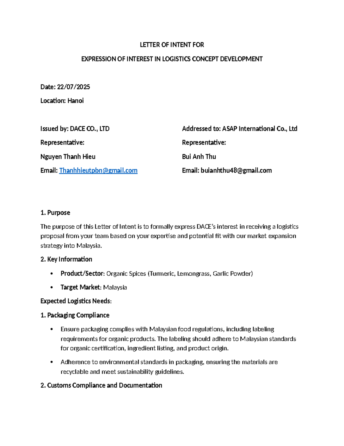 Letter of Intent for Logistics Proposal - DACE Co., Ltd - Studocu