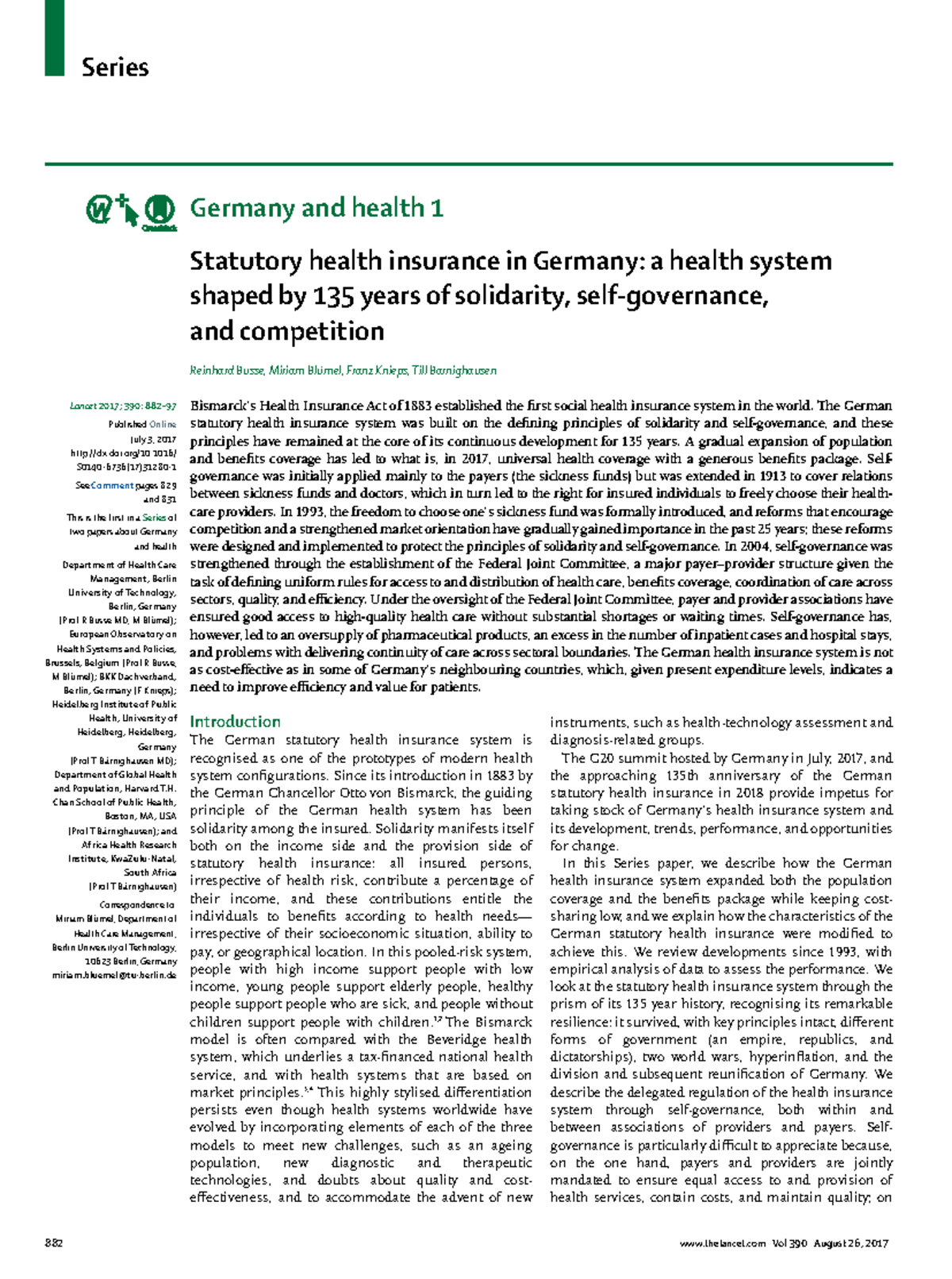Statutory Health Insurance in Germany: 135 Years of Solidarity and ...