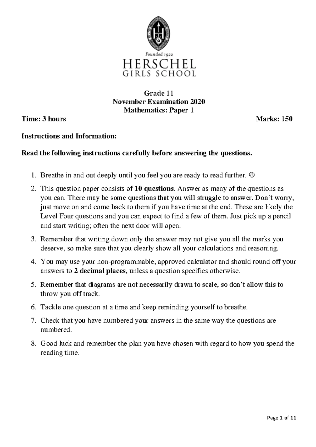 Grade 11 Mathematics November Exam 2020: Paper 1 Question Guide - Studocu