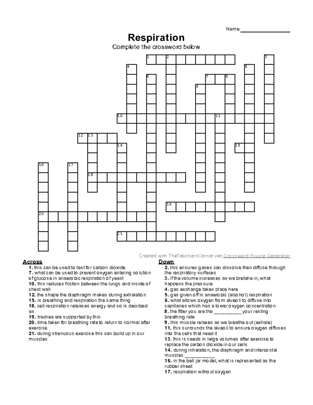Respiration Crossword Puzzle: Test Your Knowledge! - Studocu