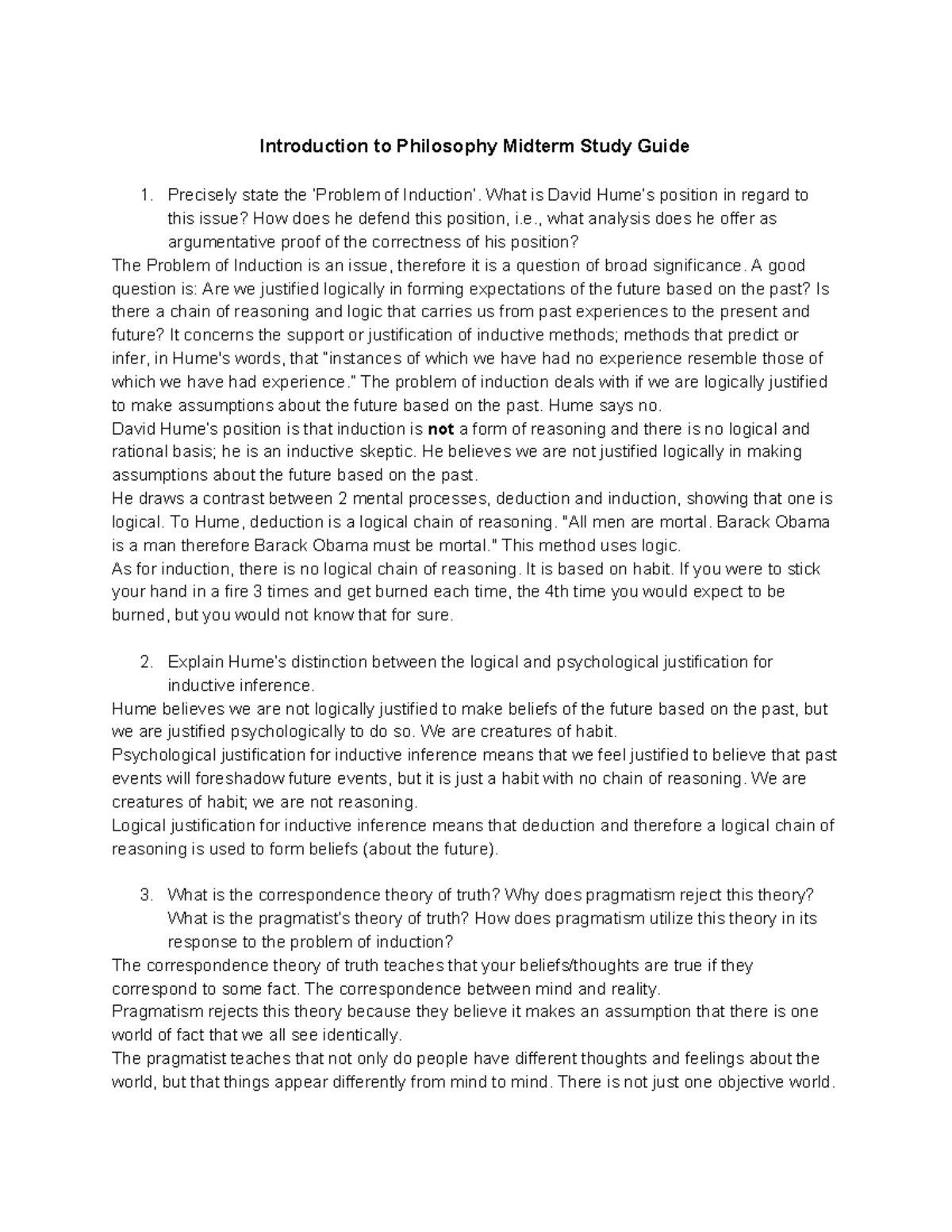 Introduction to Philosophy Midterm Study Guide - Precisely state the of ...