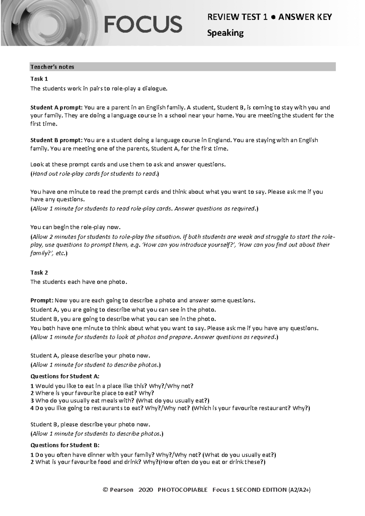 Focus 1 2E Review Test 1 Units 1 2 Speaking Group A B Answers ...