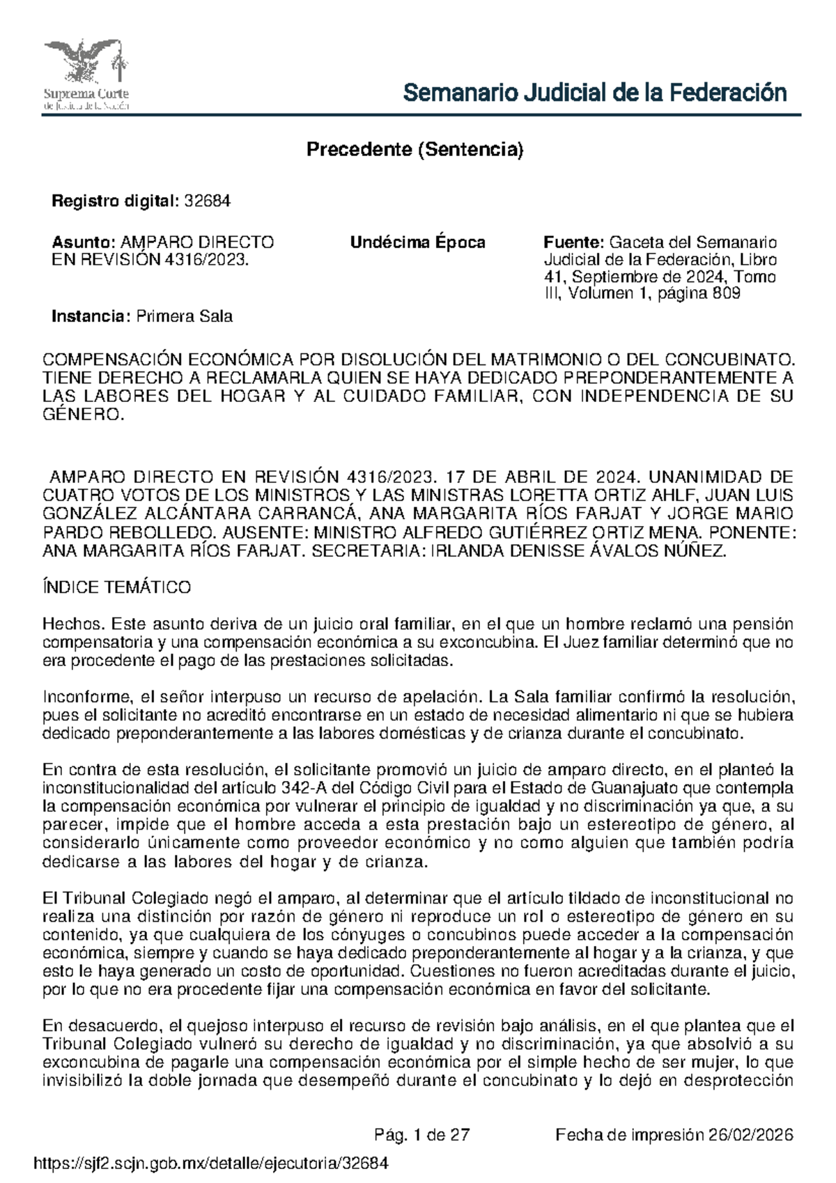 Sentencia de la 1a Sala sobre Compensación Económica en Amparo Directo ...